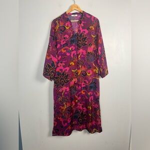 Natori Matte Satin Caftan in plum multi size XL Front Zip
